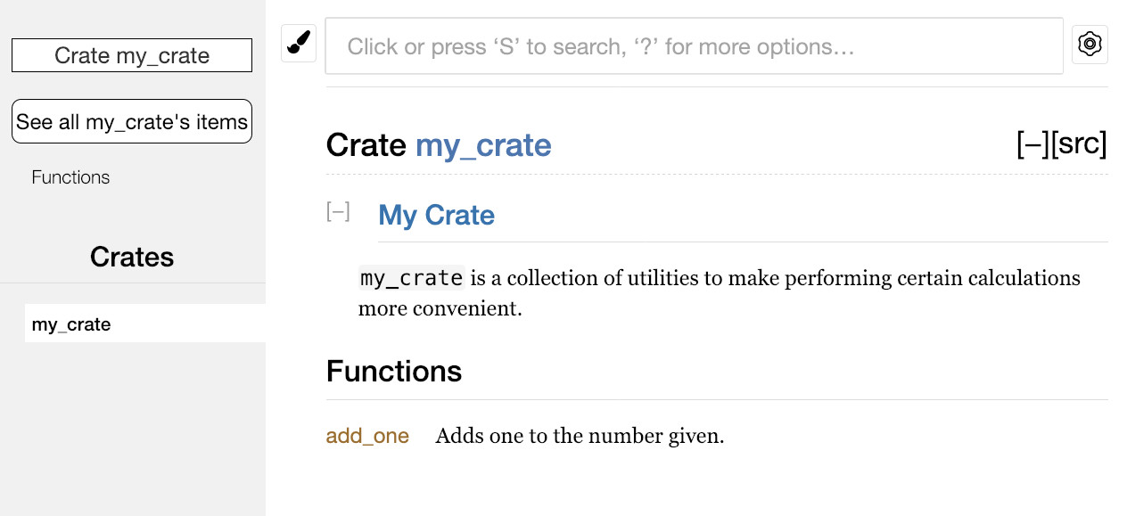 Documentación HTML renderizada con un comentario para el crate como un todo