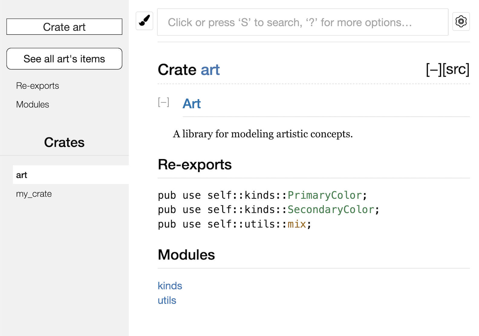 Documentación renderizada para el crate `art` con las re-exportaciones en la página principal